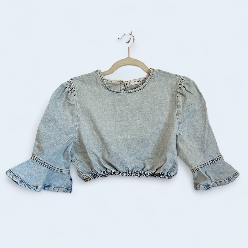 NWT WeWoreWhat cropped denim top ruffle peasant sleeve crop blouse women’s small